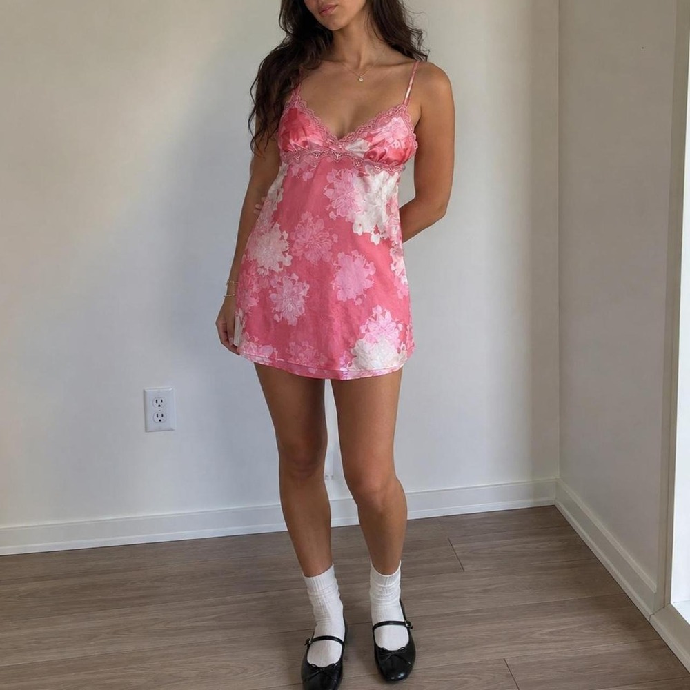 Pink Floral Satin Lace Slip Dress Women S Spaghetti Straps Coquette Y2K Fairy